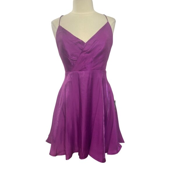 Lulus Positively Darling Magenta Satin Surplice Skater Dress Medium New - Picture 2 of 12